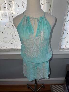 ViX Paula Hermanny Teal Feather Print Halter Cover Up Mini Dress Size M